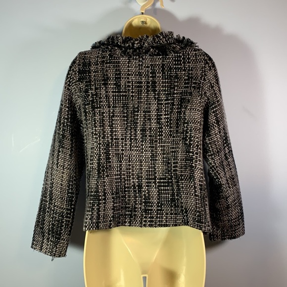 Nick & Mo Petite medium black gray chunky knit tweed fringe black jacket boucle - Picture 2 of 10